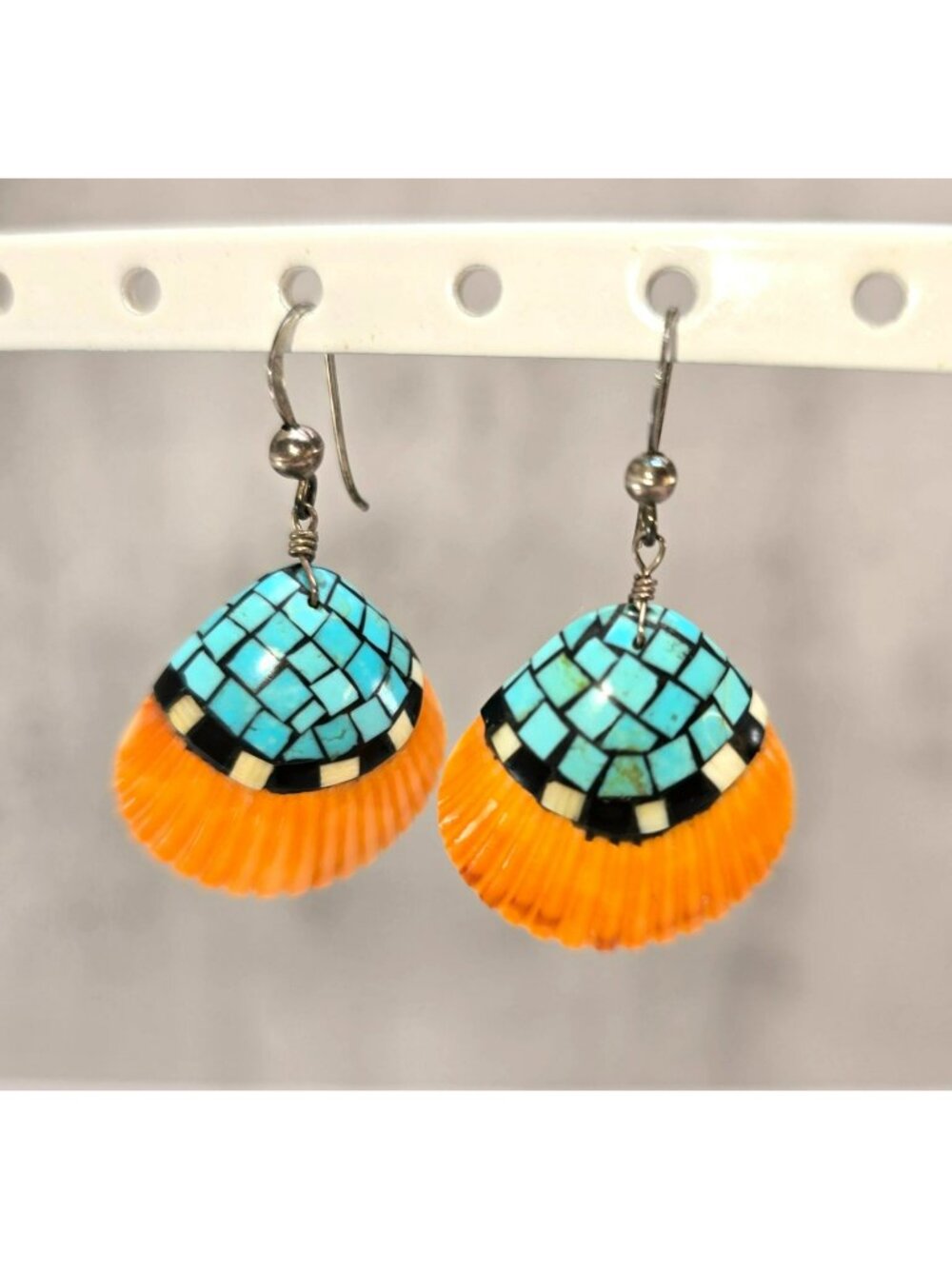 Vintage Mosaic Shell Dangle Earrings With Turquoise & Orange Design CM2390